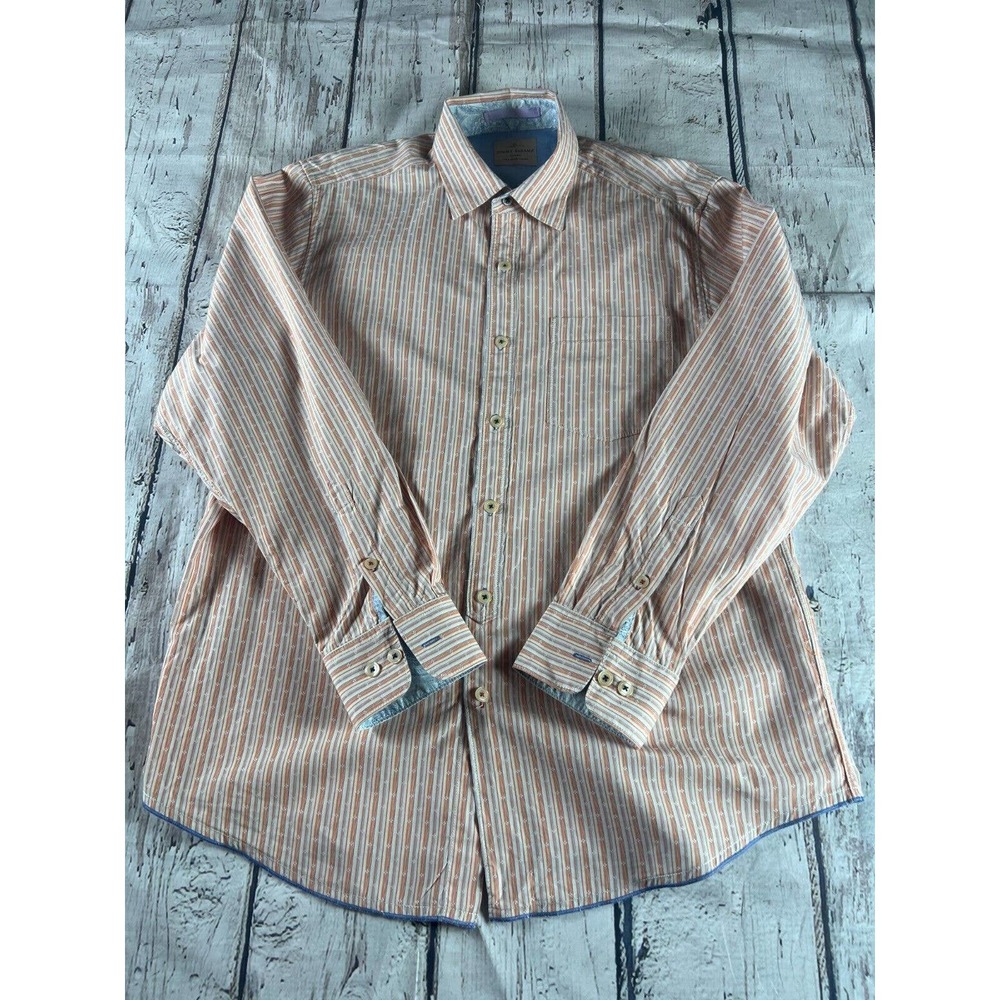 Tommy Bahama Men's LS Shirt~100% Cotton Orange/Blue stripe